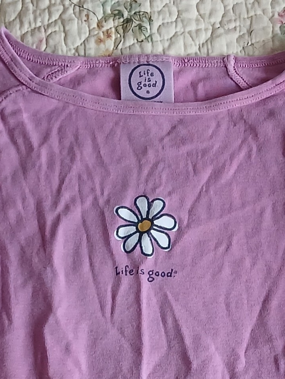 Life Is Good Pink Daisy Flower 100% Cotton 3/4 Sleeve Tee Pocket